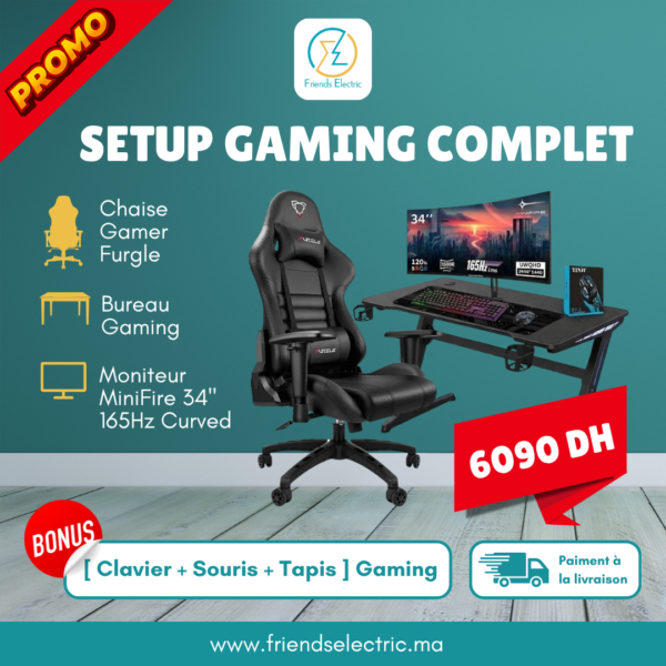Setup Gaming Complet – Chaise Gamer + Bureau Gaming + Écran 34" Minifire 165Hz