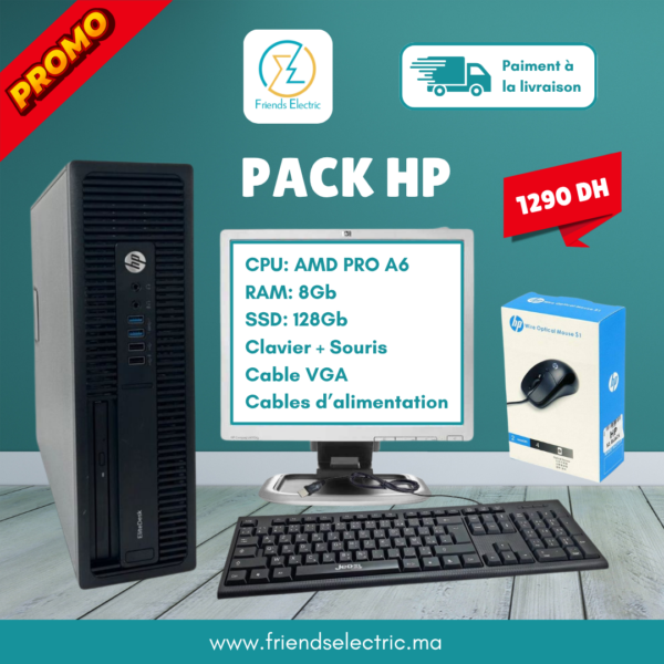 Pack PC Complet HP – Écran 19” + Clavier + Souris | AMD PRO A6