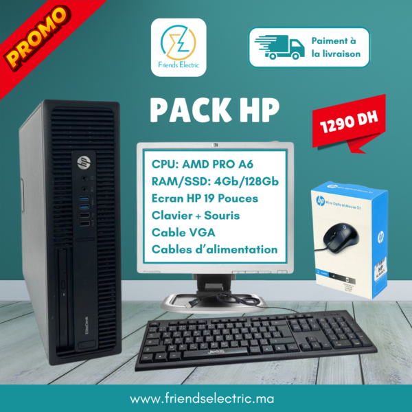 Pack PC Complet HP – Écran 19” + Clavier + Souris | AMD PRO A6