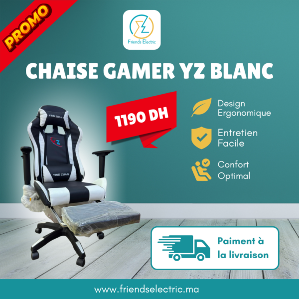 Chaise Gaming Ergonomique Ying Zuan – Blanc & Noir avec Repose-pieds