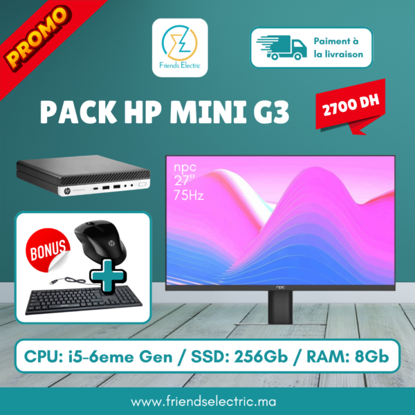 Pack PC HP Mini G3 – i5 6ème / 8GB / 256GB + Écran NPC 27" 75Hz