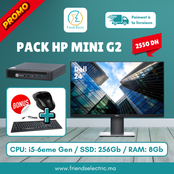 Pack PC HP Mini EliteDesk G2 – i5 6ème / 8GB / 256GB + Écran Dell 24"