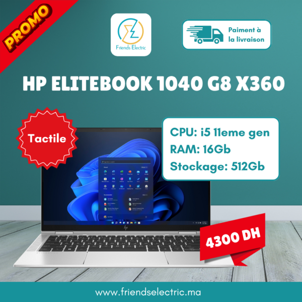 HP EliteBook 1040 G8 x360 – i5 11ème / 16GB / 512GB SSD / Tactile